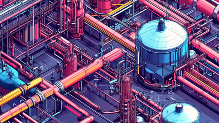 A vibrant and detailed illustration of industrial pipes and tanks, showcasing an intricate network of machinery and systems in a factory or processing plant.の素材