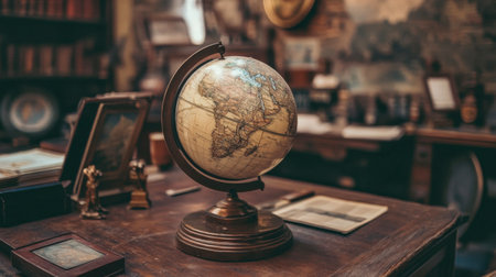 A vintage globe sits elegantly on an antique desk, surrounded by scholarly artifacts. This photo captures the essence of exploration, history, and knowledge in a warm, inviting study environment.の素材