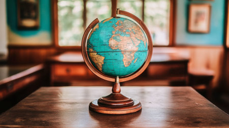 A beautifully crafted vintage globe sits on a wooden table in a study room, capturing the essence of exploration and education in a classic decor setting.の素材