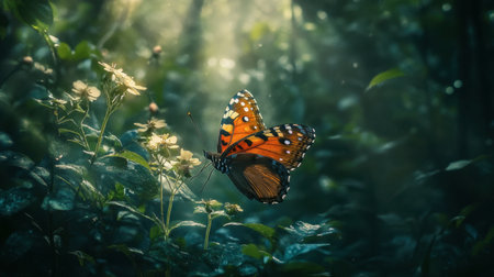 A stunning butterfly gracefully flutters among delicate flowers in a serene forest. This vibrant scene captures the beauty of nature and its tranquility.の素材