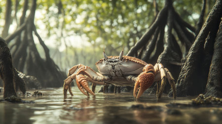 A striking close-up of a crab in a mangrove setting, showcasing vibrant details in a serene environment. Ideal for nature and wildlife themes.の素材