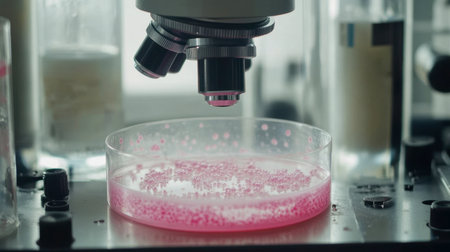 Close-up of a microscope examining pink culture medium in a laboratory. The image illustrates the intricacies of scientific research and cellular study.の素材