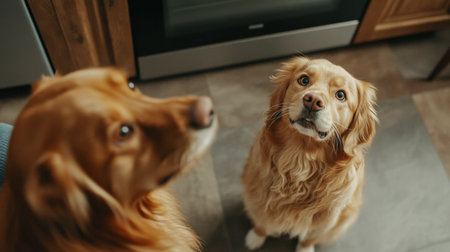 Two golden retrievers look up curiously in a cozy kitchen, showcasing their playful nature and strong bond. Perfect for pet lovers and home settings.の素材