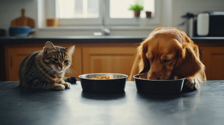 A cat and dog enjoy their meal time together in a cozy kitchen setting. The scene captures their special bond and playful interaction, showcasing domestic bliss.の素材