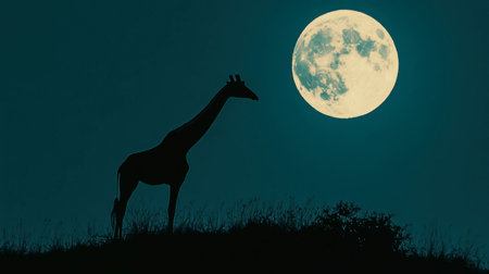 A stunning silhouette of a giraffe standing against a large full moon. This serene image captures the essence of wildlife at night, evoking tranquility.の素材