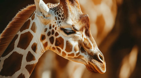 Captivating portrait of a giraffe showcasing its unique features, including long neck and distinctive spots, in a natural setting. Perfect for wildlife enthusiasts.の素材
