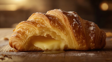 A beautifully baked croissant with a rich melted filling, perfect for breakfast or a sweet snack. This golden pastry embodies the essence of indulgent cuisine.の素材