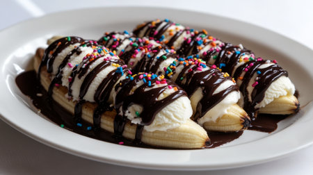 A delightful banana split featuring fresh bananas topped with creamy ice cream, rich chocolate sauce, and colorful sprinkles, perfect for any dessert lover.の素材