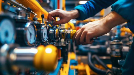 A close-up view of an industrial worker adjusting a pressure gauge in a factory setting. The image captures the intricate details of machinery and tools involved in industrial processes.の素材