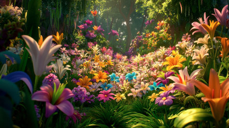 A breathtaking view of a vibrant floral garden bathed in sunlight. The scene showcases a variety of colorful flowers blooming amidst lush greenery, evoking a sense of peace and tranquility. Perfect for nature lovers and floral enthusiasts.の素材