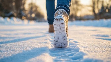 A serene winter scene capturing a person walking through fresh snow, leaving footprints behind under a warm morning sun, evoking tranquility and exploration.の素材