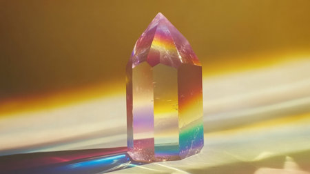 A beautiful crystal displaying vibrant rainbow reflections on a smooth surface, showcasing the interplay of light and color in a stunning still life composition.の素材