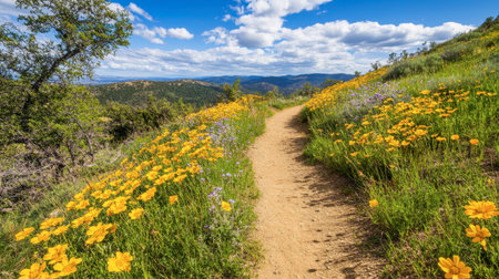 Experience a serene path through vibrant wildflowers under a bright blue sky, perfect for nature lovers and those seeking tranquility in outdoor spaces.の素材