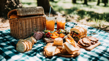 Enjoy a vibrant picnic spread featuring sandwiches, fruits, and refreshing drinks, set against a lush park backdrop for a delightful outdoor experience.の素材