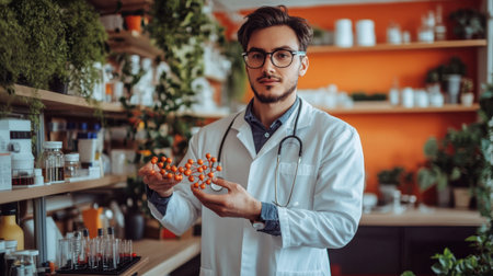A focused scientist in a laboratory setting holds a molecular model, showcasing a blend of research and education in chemistry and biology.の素材
