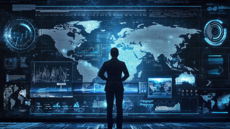 A business professional stands before a digital world map, analyzing global data trends and metrics displayed on interactive screens in a modern workspace.の素材