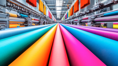 A colorful interior of a textile factory showcasing vibrant fabric rolls in a variety of hues, arranged neatly along the production line, highlighting the beauty of textile manufacturing.の素材