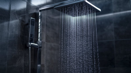 A close-up view of a sleek modern showerhead with water cascading down in a stylish bathroom. The design emphasizes cleanliness and relaxation.の素材