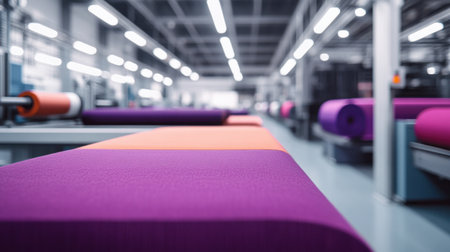 A modern fabric factory showcasing vibrant rolls of textile in purple and orange hues. A clean and organized workspace filled with industrial equipment.の素材