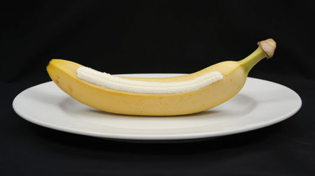 This creative stock photo features a banana topped with cream, placed on a white plate against a black background, showcasing unique presentation and contrast.の素材