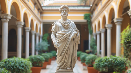 A stunning classic statue stands in a peaceful courtyard surrounded by lush greenery and elegant architecture, showcasing timeless beauty and history.の素材