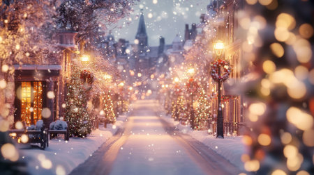 Captivating winter scene featuring a snowy street adorned with sparkling holiday lights. Experience the serene beauty and festive atmosphere of the season.の素材