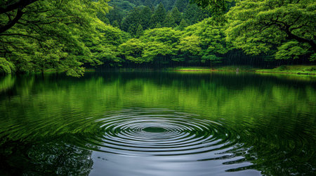 A tranquil green lake surrounded by lush trees, showcasing serene water ripples and vibrant reflections. A perfect spot for relaxation and nature appreciation.の素材