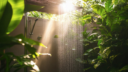 Experience a tranquil outdoor shower scene where soft sunlight filters through lush green foliage, creating a serene atmosphere for relaxation and rejuvenation.の素材
