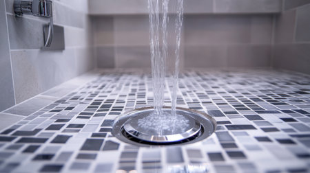 A close-up view of water flowing into a stylish shower drain surrounded by elegant mosaic tiles, showcasing modern bathroom design and cleanliness.の素材