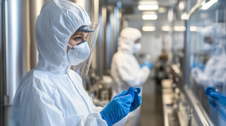 A dedicated lab technician in protective gear examines samples in a clean laboratory environment, highlighting safety and professionalism in scientific research.の素材