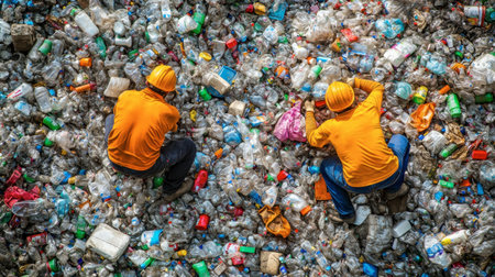 Two workers in bright attire remove plastic waste in an urban setting. Their efforts highlight the need for environmental cleanup and pollution awareness.の素材