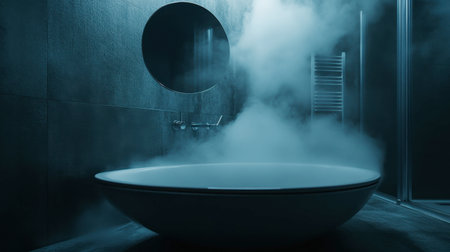 A serene and modern bathroom featuring a sleek bathtub surrounded by gentle steam. The soothing ambiance creates a perfect retreat for relaxation and wellness.の素材