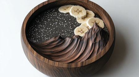 This captivating food art features a wooden bowl with chia seeds and banana slices, styled to resemble waves and mountains, creating a unique visual treat.の素材