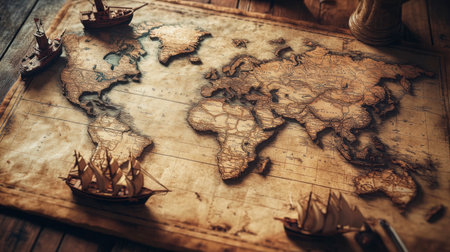 An antique world map placed on a rustic wooden surface, featuring detailed illustrations and small ships, embodying a spirit of adventure and exploration.の素材