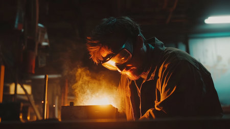 A dedicated artisan focuses on his craft while working with hot metal in a workshop. The image captures the dynamic energy and passion of metalworking.の素材