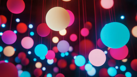 A captivating scene of colorful floating lights against a dark background. This image captures the vibrant and festive essence, perfect for party themes and decoration.の素材