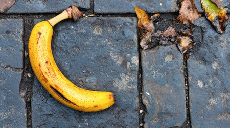 A vivid yellow banana resting on a cobblestone surface amidst scattered dry leaves, capturing the contrast between urban life and natural decay.の素材