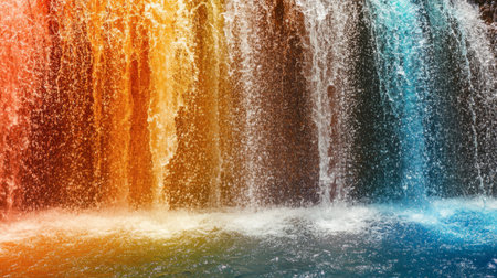 A mesmerizing waterfall showcasing a vibrant blend of orange and blue hues, creating a stunning natural spectacle. Experience the refreshing beauty of water in motion.の素材