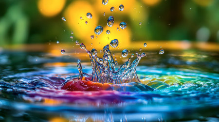 A vibrant splash of water captures colorful droplets against a bright, natural background, symbolizing freshness and vitality in a dynamic scene.の素材