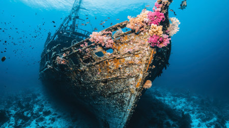 A captivating underwater scene showcasing a sunken ship adorned with vibrant coral. This striking image conveys the beauty of marine life and exploration.の素材