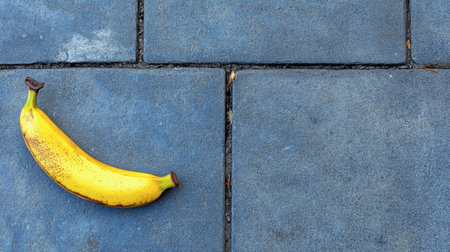 A vibrant yellow banana rests on a textured blue pavement, showcasing a stark contrast between the fruit and its surroundings, highlighting simplicity and freshness.の素材