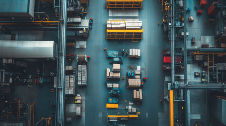 Aerial view of a busy industrial warehouse showcasing logistics operations. The image displays organized storage, transportation, and efficient supply chain practices.の素材