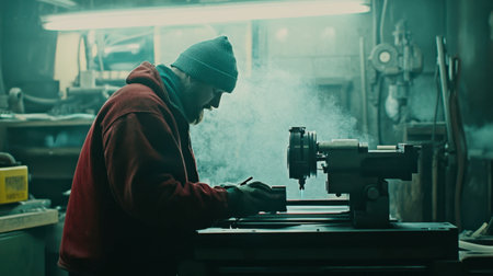 A skilled craftsman works diligently in a workshop filled with smoke from machinery. This image captures the essence of craftsmanship and manual labor.の素材