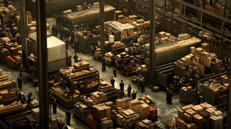 A bustling warehouse filled with workers managing packages and inventory. The scene showcases the dynamics of logistics and teamwork in action.の素材