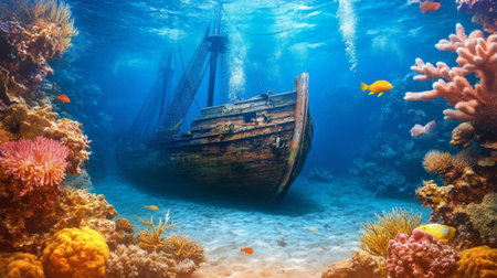 Explore the enchanting scene of a sunken ship resting peacefully on the ocean floor, surrounded by colorful coral and diverse marine life, evoking a sense of adventure and mystery.の素材