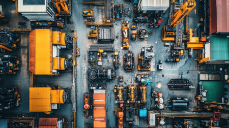 This aerial image captures an industrial shipping yard filled with containers and cranes, showcasing the dynamic logistics and transportation operations in an urban setting.の素材