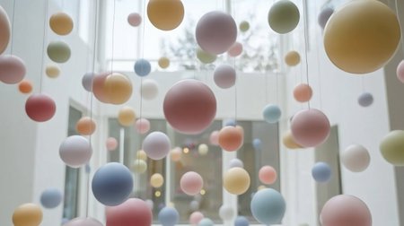A serene interior scene featuring colorful spheres hanging gracefully. The vibrant colors and soft materials create a playful yet harmonious atmosphere.の素材