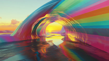 A vibrant abstract archway showcases a stunning sunset with vivid colors reflecting beautifully off the water, creating a dreamlike and serene atmosphere.の素材