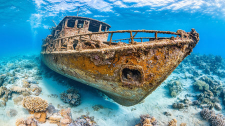 Discover a stunning underwater scene featuring a rusted shipwreck surrounded by vibrant coral reefs, showcasing nature's beauty and marine history.の素材
