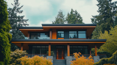 A modern house nestled among greenery showcases sleek design and striking materials. The inviting exterior blends harmoniously with a natural setting.の素材